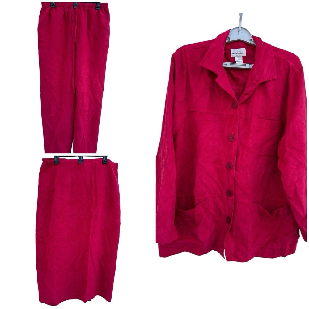 Vintage Sarah B Studio 3 Piece Velour Set Raspberry Pink Top Skirt Pants Large